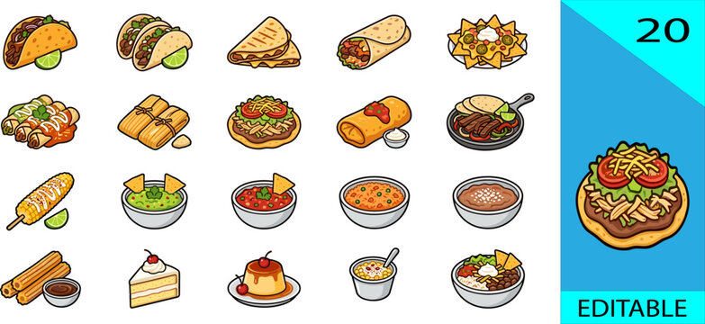 Set of 20 Mexican food icons taco burrito quesadilla nachos tamale elote churros cartoon editable vector illustration