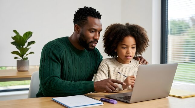 Black father helps daughter with school work on a laptop at a desk in their home office.