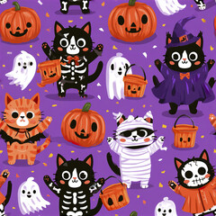 Fototapeta premium Halloween cats pumpkin ghost costume pattern with adorable kittens dressed as skeletons mummies and witches purple background