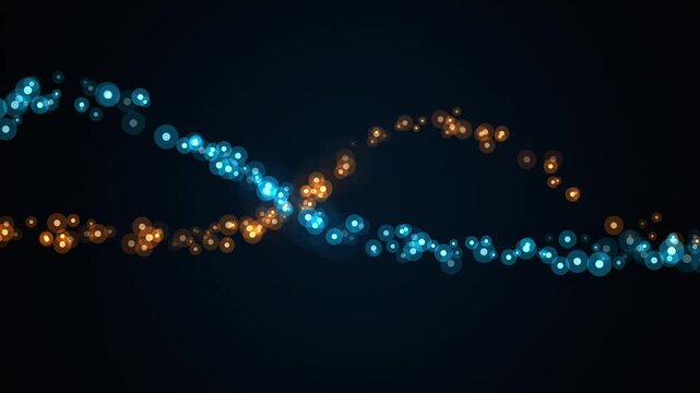 Abstract glowing blue orange particles flowing dynamic waves dark background futuristic digital motio