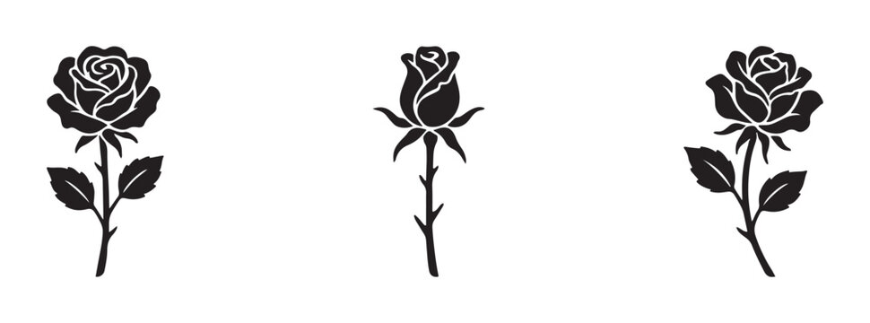 Three black rose silhouettes, single floral elements with leaves and stems, elegant vector graphics for design and decoration.