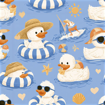 Adorable pastel summer duck seamless pattern with happy white ducklings wearing hats and sunglasses in water