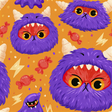 Adorable purple furry monster hoods with horns on red cat faces and candy on orange background, playful and cute design