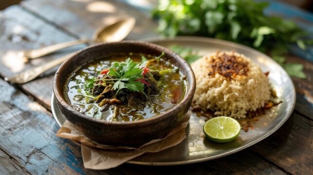 Iranian cuisine: Ghormeh Sabzi is a national stew made from beef or lamb, stewed with chopped greens, beans, and dried limes, served with fluffy rice.
