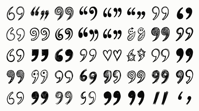 Hand drawn quotation marks set, decorative black ink quote icons and speech marks, 40 vector elements for typography and editorial design