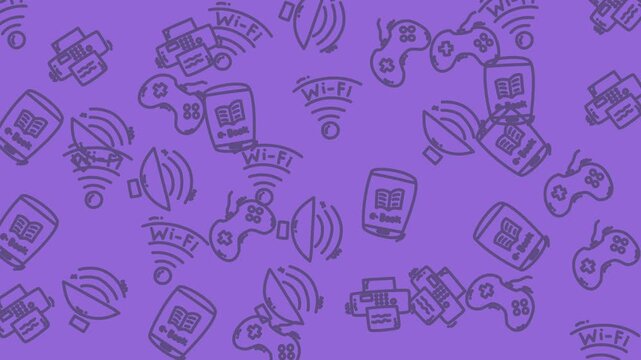 Purple background with outlined icons of gaming controllers, printers, wifi symbols, and ebooks. Perfect for gaming technology or elearning concepts.