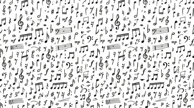 Hand drawn musical notes seamless pattern, black and white music notation background vector, doodle style melody symbols wallpaper for print