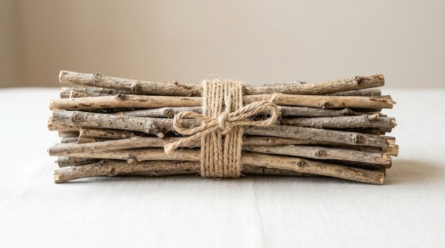 A bundle of twigs is tied together with twine. The rustic sticks are arranged in a stack and secured with a natural jute wrap.