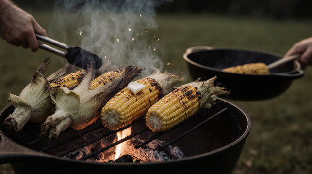 Grilling corn on the barbecue over an open fire outdoors on the topic of the corn harvest
