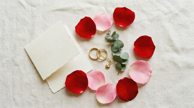 Two gold wedding rings rest on a white linen cloth. Several red and pink rose petals are scattered around the rings, along with a few sprigs of eucalyptus leaves.