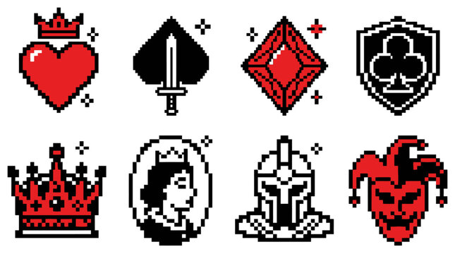 Pixel art medieval playing card suit icons featuring crown sword diamond shield queen knight and jester sprite graphics. vector illustration. 8 bit retro style