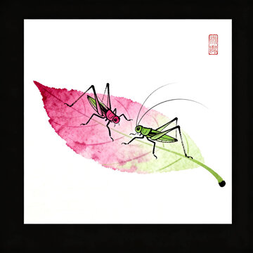 Two Crickets On Leaf