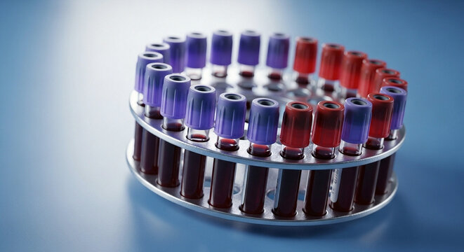 Blood sample test tubes arranged in a circular rack, no people
