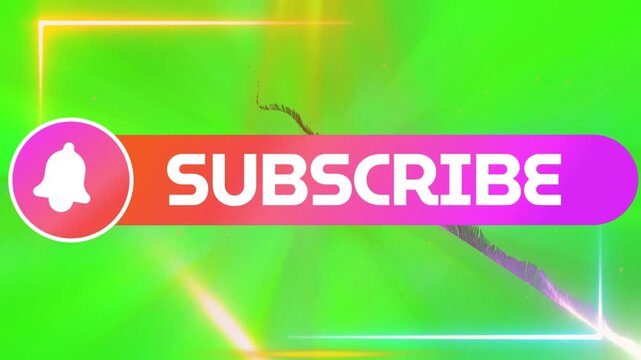 Subscribe button animation graphic featuring a bell notification icon rendered over a bright green background with glowing border lines for digital video content creators.