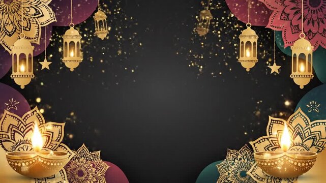 Diwali background animation with traditional diyas, hanging lanterns, and gold mandala patterns