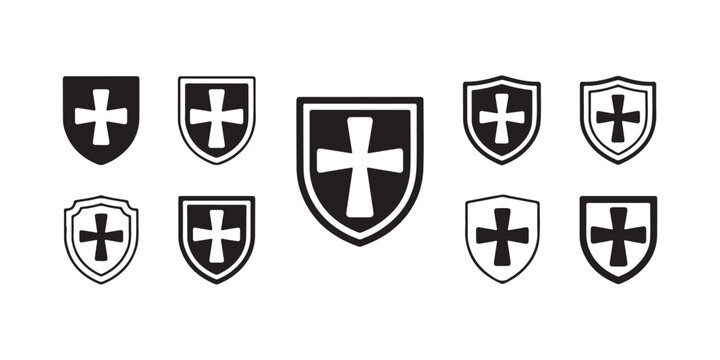 Shield silhouettes containing templar cross graphics in varied borders for historical and medical designs.
