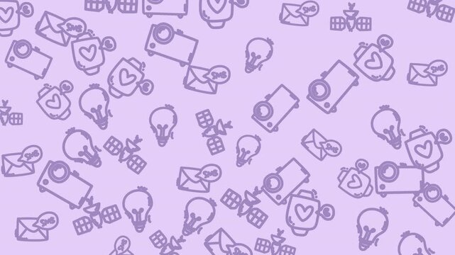 Pattern of line icons on purple background satellites, lightbulbs, envelopes, hearts, watches. Suitable for technology or communication concept designs.