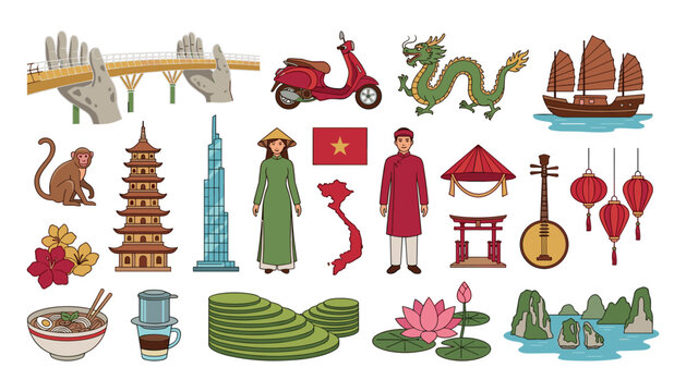 Vietnam travel landmarks and cultural icon vector set featuring golden bridge halong bay pho coffee flag and traditional costumes