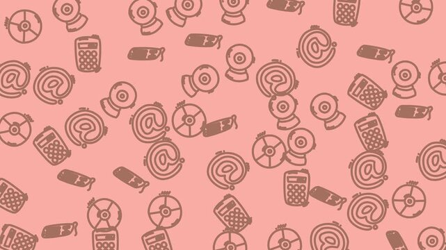 Repeated digital icons webcams calculators emails cds scattered peach pattern. Suitable for techrelated websites, presentations, social media posts, and printed materials.