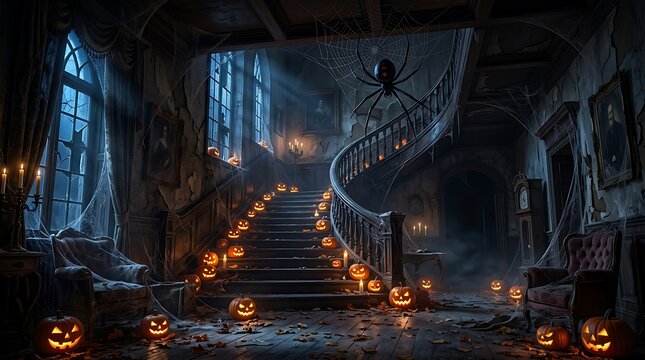 Halloween-themed staircase with jack o lanterns and spooky buildings at night