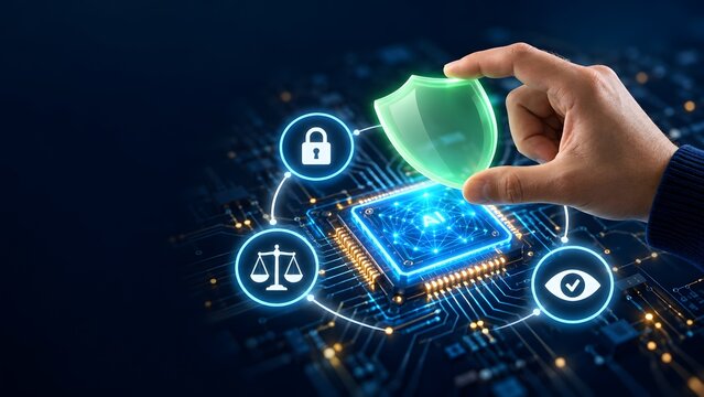 Human hand placing protective shield over glowing computer processor with holographic icons for cybersecurity ethics and data privacy law