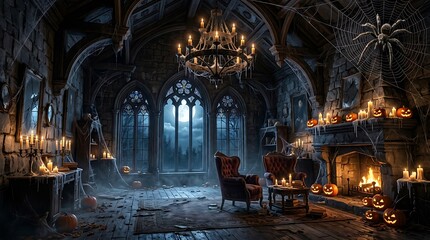 Fototapeta premium Mysterious gothic interior with grand chandelier and warm candlelit ambiance