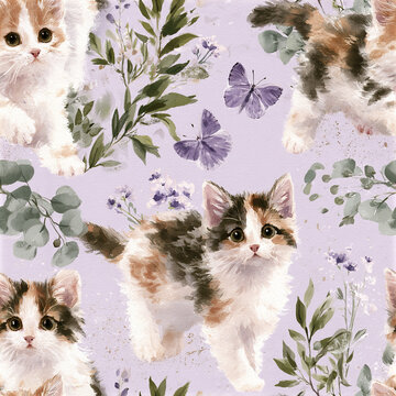 Charming calico kitten with butterfly and green leaves on soft purple background, playful and delicate nature scene
