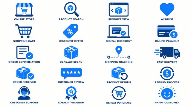 Set of blue ecommerce and online shopping icons on a white background