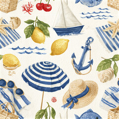 Obraz premium Cheerful Mediterranean summer seamless pattern with lemons, striped umbrella, anchor, hat, and sea elements creating bright