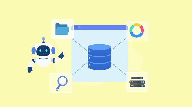 Animated video showing an AI robot beside a central cloud database connected to folders, analytics, search, and data elements, representing digital storage and information management.