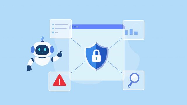 Animated video showing an AI robot beside a central security shield connected to data, analytics, search, and warning alert elements, representing cloud cybersecurity monitoring.
