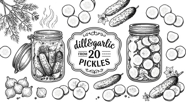Vintage hand drawn engraving sketch set of preserved dill garlic pickles inside glass jars with fresh sliced cucumbers