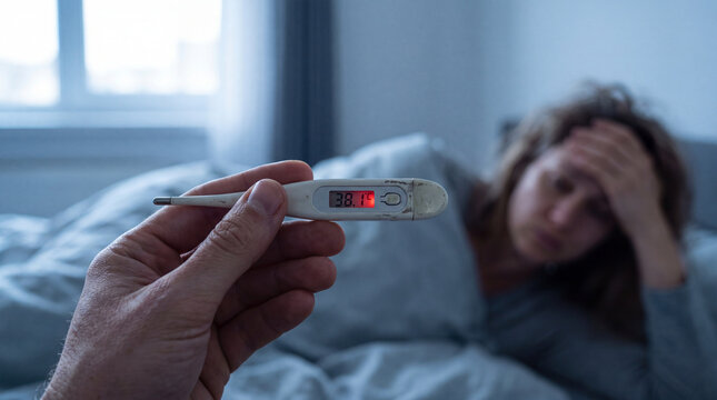 A close-up view of a digital thermometer showing a high fever reading, with an out-of-focus sick woman resting in bed in the background.