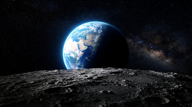 Planet Earth Rising Above Lunar Horizon with Craters Surface and Deep Outer Space View