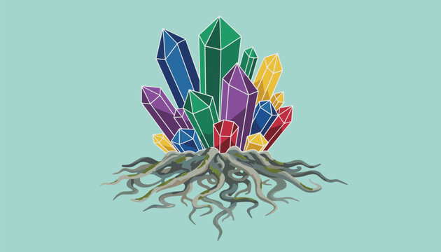 Colorful magic crystal cluster growing from a tangled root system against a solid light blue background.
