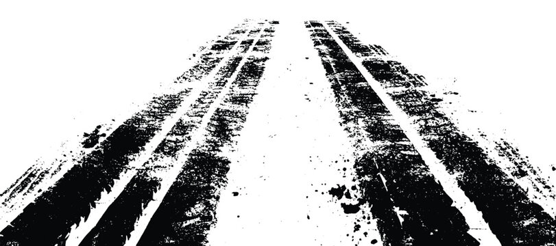 Two parallel black tire tracks fading into the distance on a white background, featuring realistic tread patterns and textured rubber marks