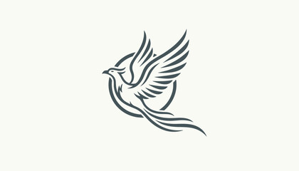 Fototapeta premium Elegant grey outline vector of a flying phoenix bird rising majestically inside a minimalist circular framing.