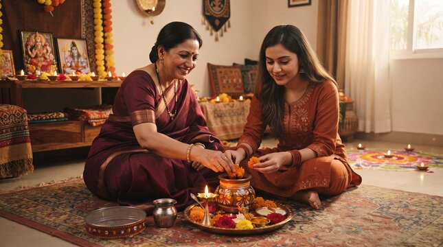 Indian mother-in-law and daughter-in-law in traditional sarees preparing a Karwa Chauth puja thali with flowers indoors