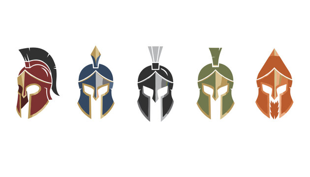 Row of five ancient spartan or gladiator helmet icons presented in different metallic colors and design styles.