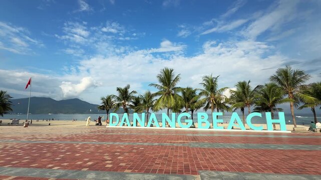 Wide View of Danang Beach Sign Along Beachfront Promenade