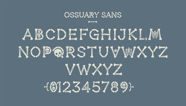 Creepy alphabet font made entirely of bones, skulls, and ribcages in a rustic ossuary style over a slate gray background.