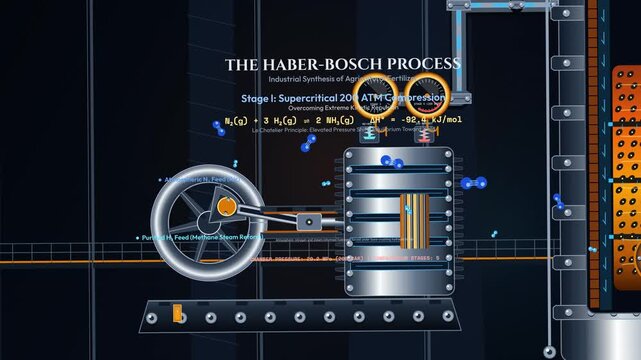 3D animation of the Haber Bosch process for industrial synthesis of agricultural fertilizer via supercritical compression and catalytic conversion of nitrogen to ammonia above growing wheat fields