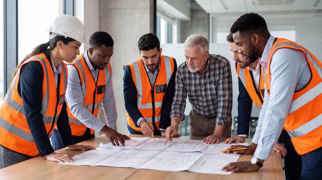 A diverse team of architects, engineers, and construction managers standing around a table in a modern office, collaborating on building project blueprints.