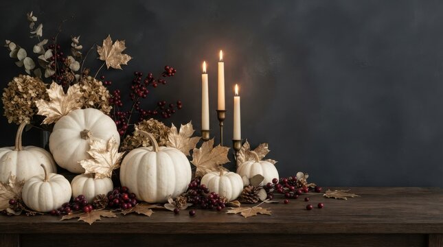 White pumpkins and autumn decorations with candles on a rustic wooden table pumpkins seasonal thanksgiving