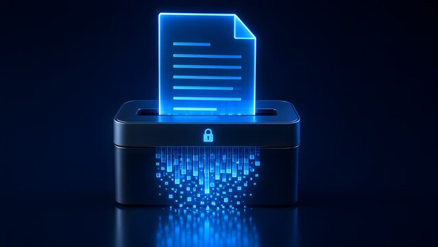 Secure digital data destruction concept with glowing document entering a shredder and converting into encrypted pixel particles