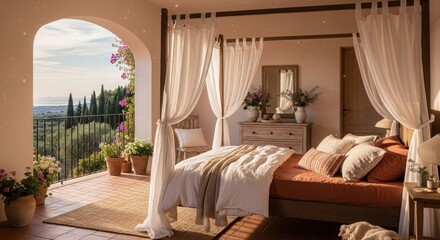 Obraz premium Luxurious bedroom with a four-poster bed and white drapes, opening to a sunlit balcony overlooking a picturesque Tuscan landscape with cypress trees and rolling hills.