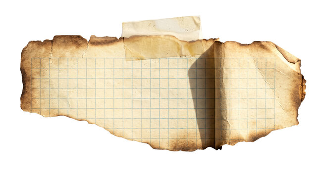 Burned edge graph paper scrap with curled side and tape header for antique style warning notes or messages, isolated on transparent background