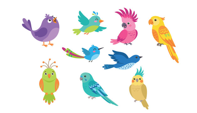 Cute cartoon tropical birds vector illustration set featuring colorful parrots cockatoos and exotic songbirds on white background