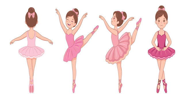 Cute cartoon little ballerina girl character collection set dancing in different poses wearing pink tutu dress isolated on white