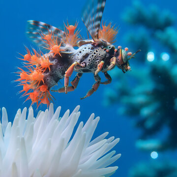 Surreal underwater hybrid creature with insect and crustacean features, vibrant orange sea anemone spines on a fantasy marine organism, exotic deep sea alien life swimming above white coral in